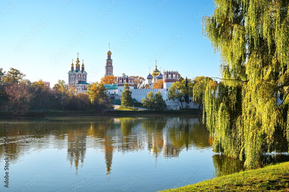 Autumn view of the Novodevichy Monastery and the Great Novodevichy Pond in Moscow, Russia