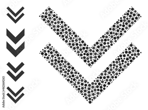 Rounded dot collage shift down. Vector collage is based on shift down icon, and made of scattered spheric spots. Vector icon of shift down created of scattered circle points.