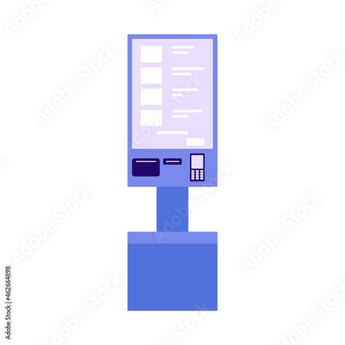 Self service checkout shop. Paying for products at electronic device. Self-service on terminal with scanner. Cash machine with monitor. Vector flat illustration