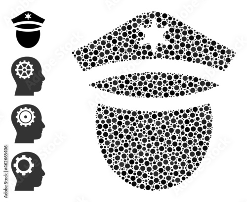 Round dot collage police head. Vector collage is based on police head icon, and composed with randomized spheric parts. Vector icon of police head composed with irregular spheric pixels.