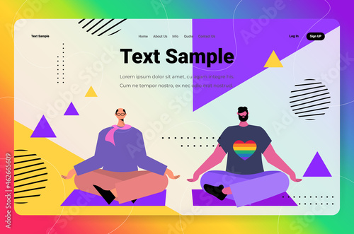 gay couple practicing yoga exercise in lotus pose LGBT parade pride festival transgender love concept