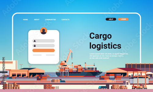 container ship loading in sea port website landing page template cargo logistics freight transportation concept