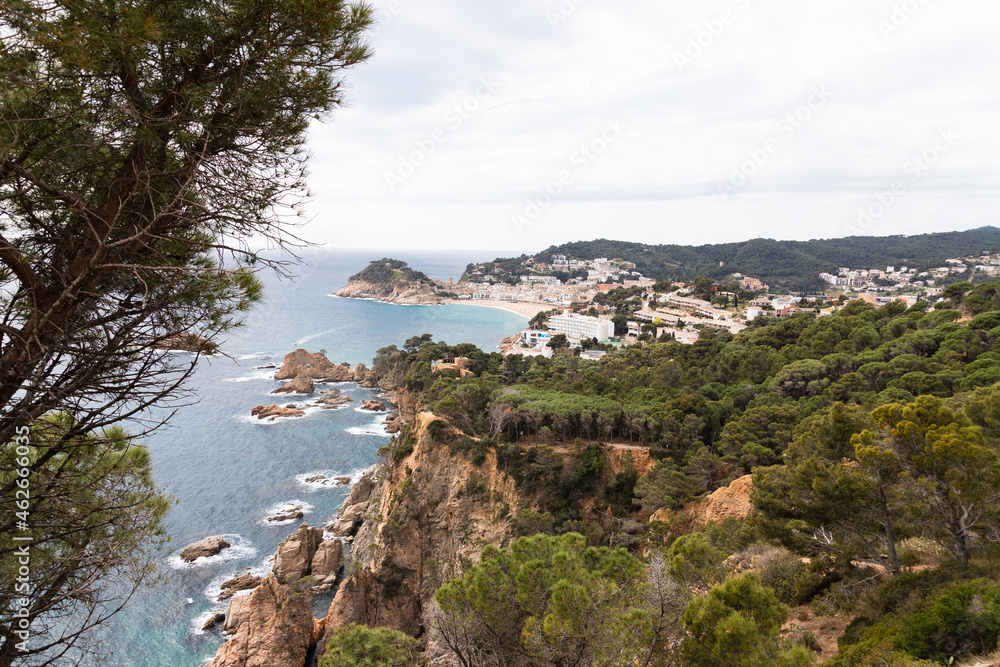 Landscape view of the mediterranean sea and the castle and the city of Tossa de mar in Catalonia, Spain