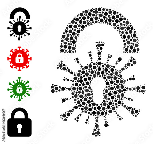 Circle collage viral lockdown. Vector collage is based on viral lockdown symbol, and designed of randomized spheric items. Vector icon of viral lockdown designed of randomized circle items.