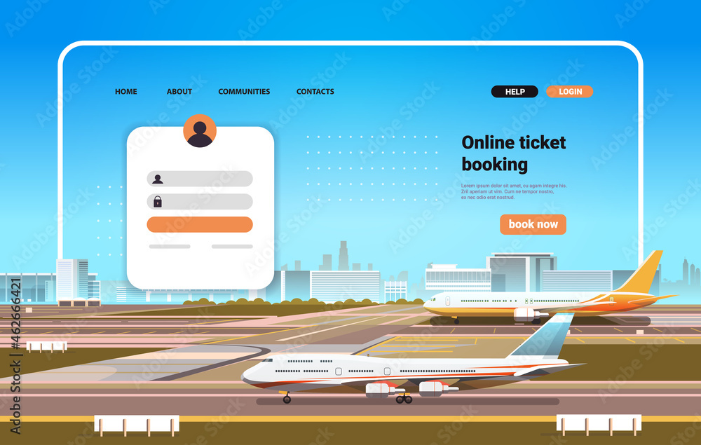 online airplane ticket booking website landing page template concept horizontal - obrazy, fototapety, plakaty 