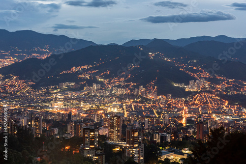 Panoramic night landscape of the city of Medellin, Antioquia, Colombia.