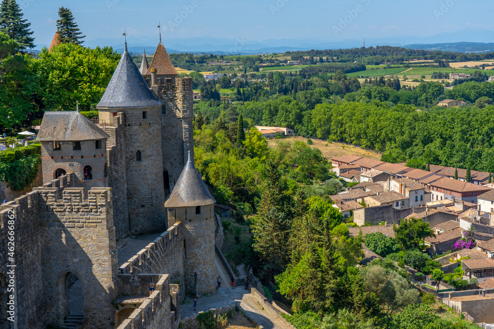 The Ancient Fortress of Carcassonne, France. Europe castle. View from the Cite.