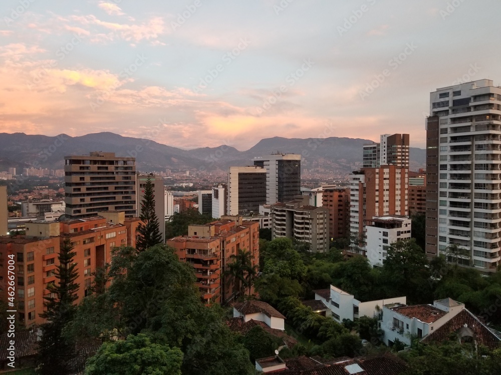 Medellin, Antioquia, Colombia. October 7, 2019: Sunrise in the city seen from El Poblado.