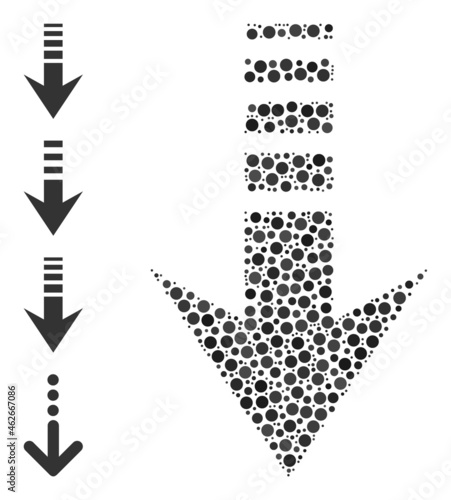 Circle mosaic send down. Vector mosaic is based on send down symbol, and organized of scattered circle parts. Vector icon of send down organized of random spheric items.