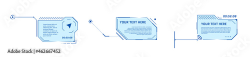 HUD futuristic style callout titles on white background. Infographic call arrow box bars and modern digital info blue frame layout templates. Interface UI and GUI presentation element set. Vector