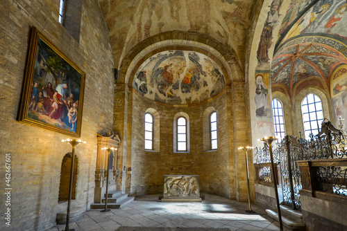 Photography The interior and apse of St George's Basilica, the Romanesque church founded in 920 AD inside the Castle Complex in Prague, Czechia