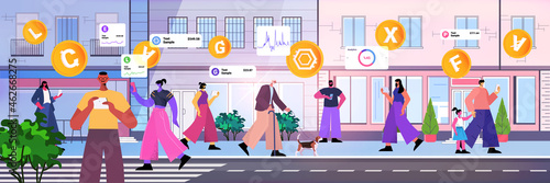 people using cryptocurrency mining app on gadgets virtual money transfer application banking transaction digital currency