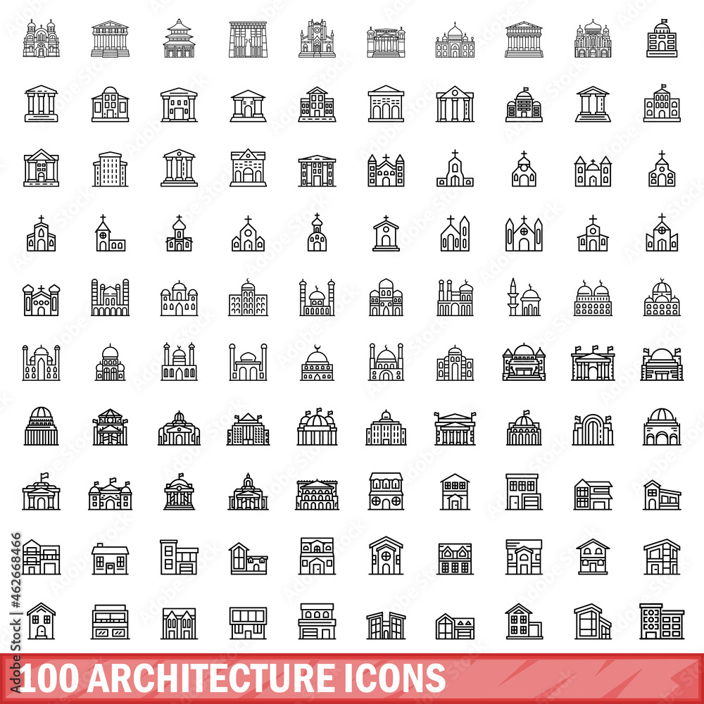 100 architecture icons set. Outline illustration of 100 architecture icons vector set isolated on white background - obrazy, fototapety, plakaty 