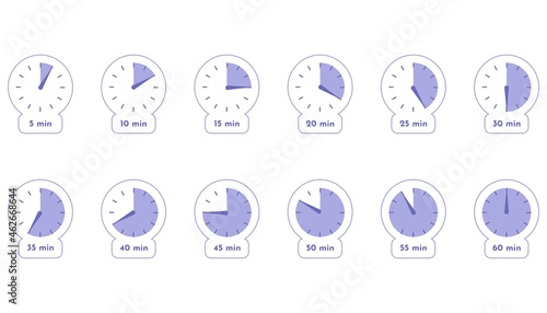Timer clock Stopwatch 5 minute to 1 hours isolated set icons Label cooking time Vector illustration Label measure time Cooking time and more