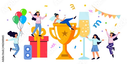 Discotheque, soiree, holiday celebration, evening with friends Success business team Golden trophy cup Symbol of victory Happy people dance, drink wine or champagne Vector illustration in flat style
