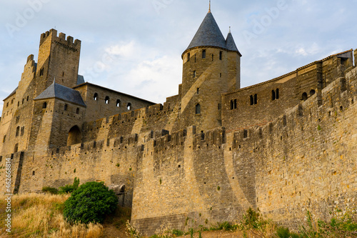 The Ancient Fortress of Carcassonne in the light of the setting sun. French Castle