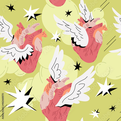 Heart With Wings Seamless Pattern