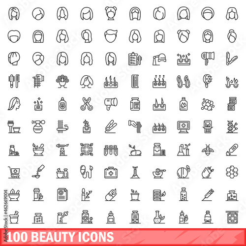 100 beauty icons set. Outline illustration of 100 beauty icons vector set isolated on white background