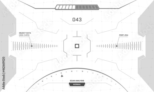 VR HUD game interface crosshair screen. Futuristic sci-fi virtual reality view head up display visor. Abstract GUI UI digital technology control center dashboard panel. Vector isolated design concept