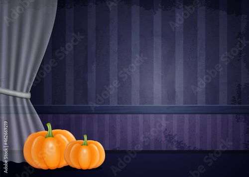 Aged old room with grunge striped wallpaper and pumpkins