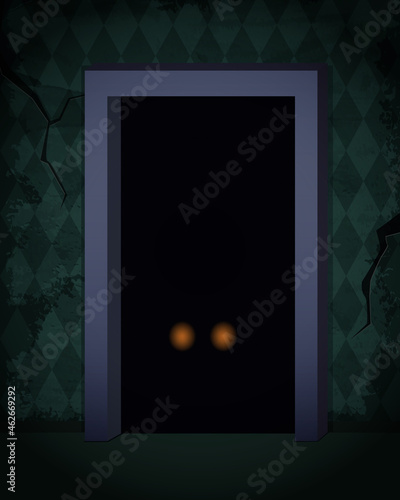 Aged old room with grunge green wallpaper, door and shining creepy eyes