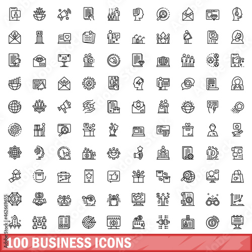 100 business icons set. Outline illustration of 100 business icons vector set isolated on white background
