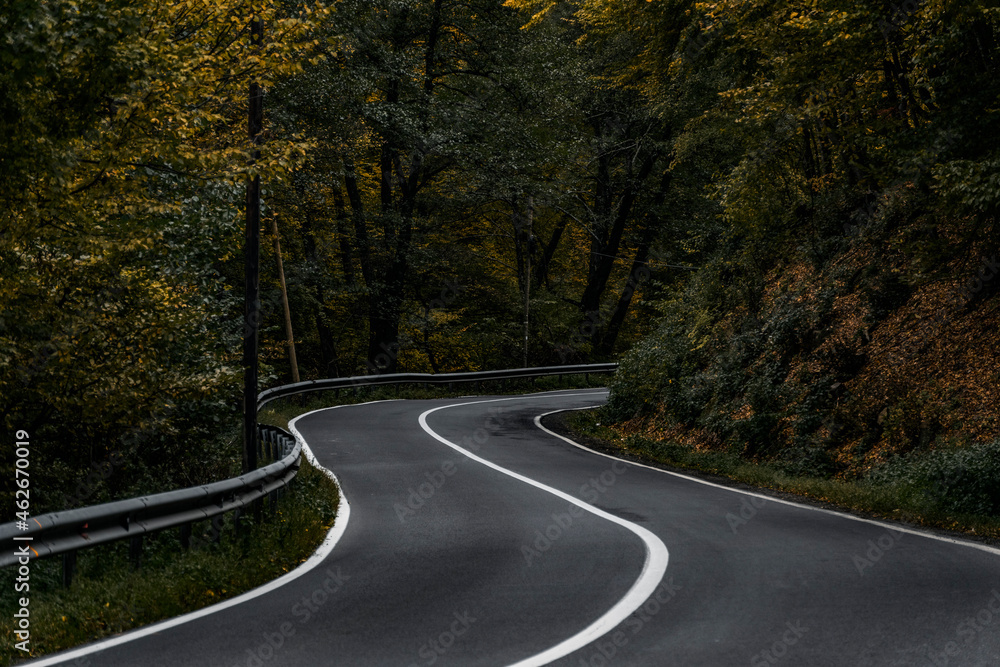 Obraz premium Beautiful scenery in October showing a curved road through the forest 