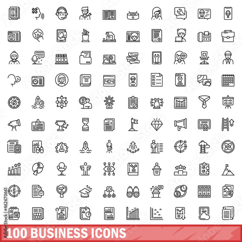 100 business icons set. Outline illustration of 100 business icons vector set isolated on white background