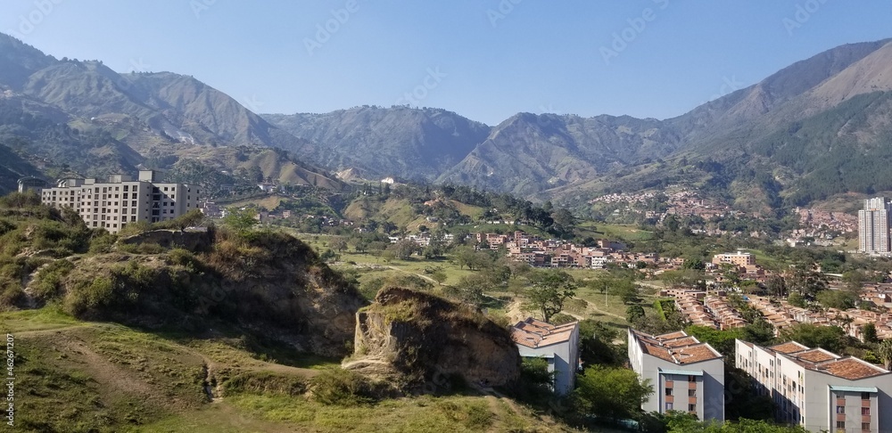 Panoramic landscape with blue sky in Bello, Antioquia, Colombia.