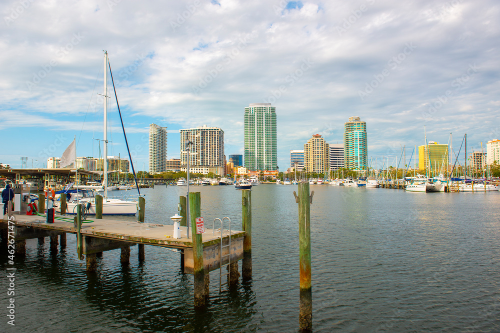 Modern city skyline including Signature Place, Bayfront Tower, One St. Petersburg and Ovation building from Demens Landing Park in downtown St. Petersburg, Florida FL, USA. 