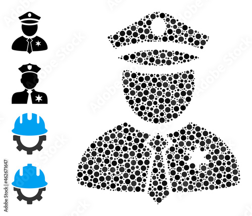 Circle collage police guy. Vector collage is based on police guy icon, and organized with randomized circle parts. Vector icon of police guy formed of irregular circle dots.