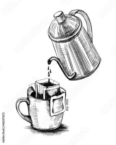 Black drip coffee sketch cup in retro style on white background. Hand drawn vector vintage illustration. Isolated icon. Art graphic.