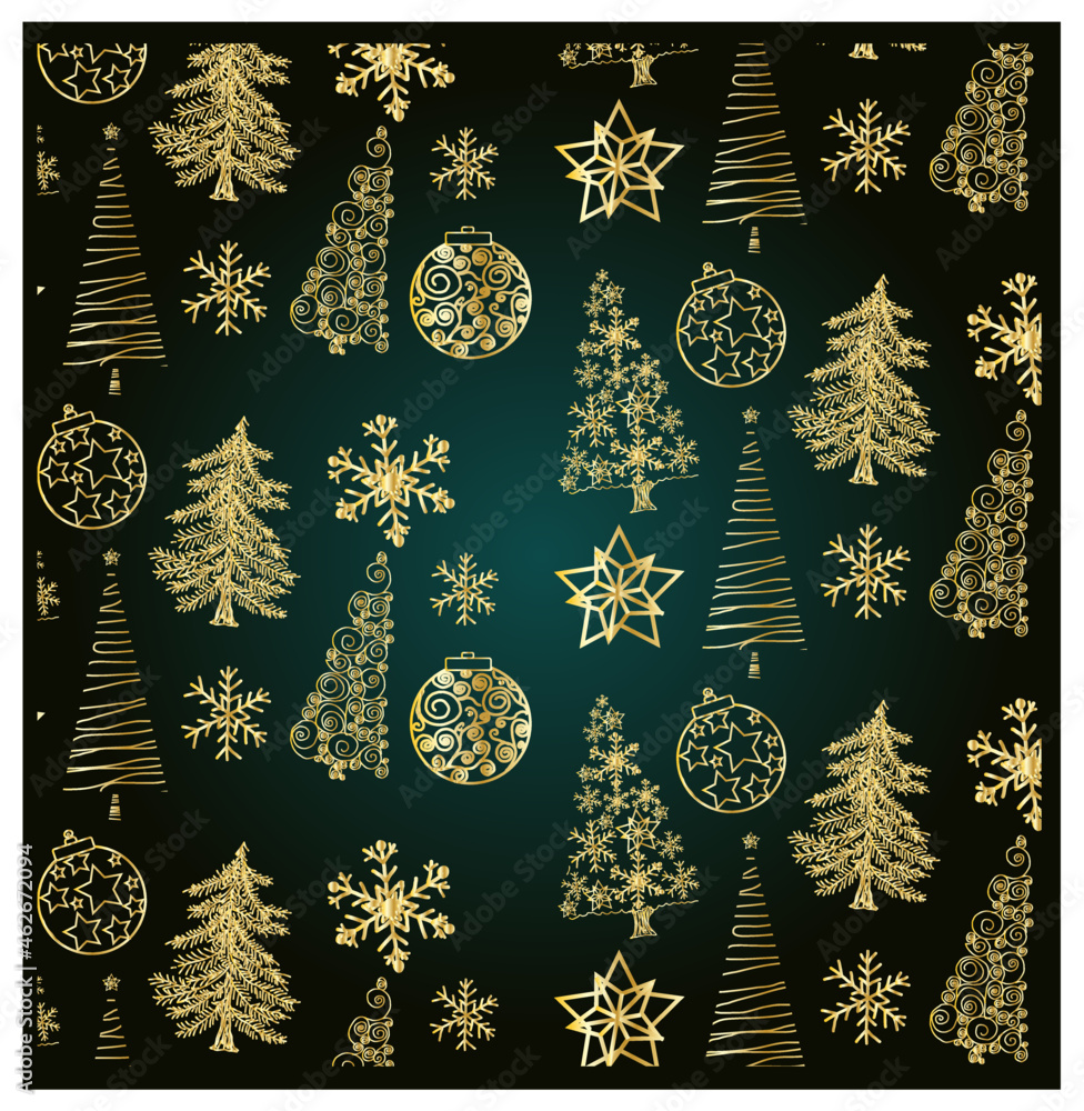 Merry Christmas set of golden Christmas tree elements, baubles, snowmen.