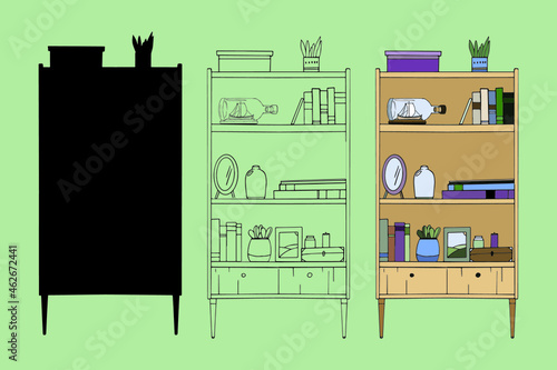wardrobe with books, mirror, flowers, vase. vector illustration