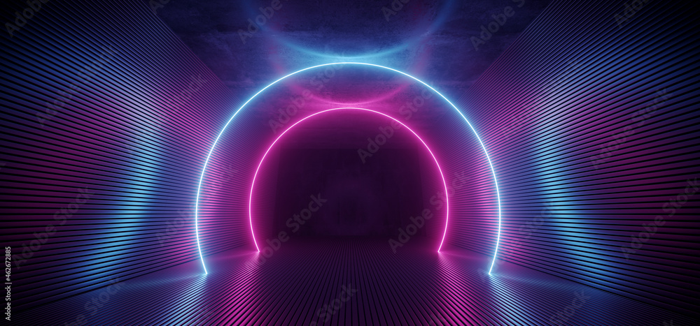 Neon Sci Fi Futuristic Alien Spaceship Modern Vibrant Purple Blue Oval Circle Glowing Laser Beams Hallway Corridor Retro  Dark Empty Podium Club Party 3D Rendering - obrazy, fototapety, plakaty 