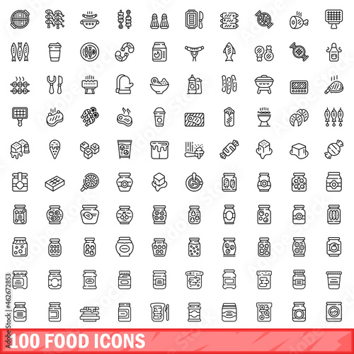 100 food icons set. Outline illustration of 100 food icons vector set isolated on white background