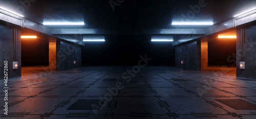 Fototapeta Naklejka Na Ścianę i Meble -  Sci Fi Futuristic Rough Grunge Cement Asphalt Concrete Modern Basement Hangar Parking Tunnel Metal Floor Showroom Hallway Tunnel Corridor Realistic Podium Car Space 3D Rendering