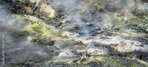 Billede på lærred Volcanic activity, sulfur fumarole and hot gas on Iturup Island, Kuril islands, Russia