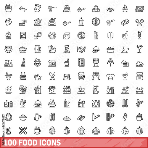100 food icons set. Outline illustration of 100 food icons vector set isolated on white background