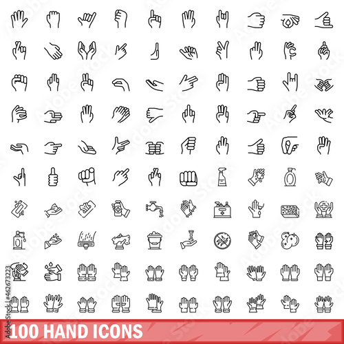 100 hand icons set. Outline illustration of 100 hand icons vector set isolated on white background