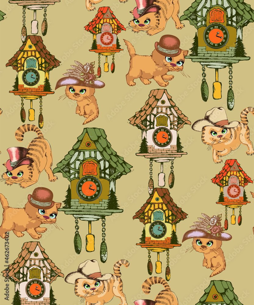 Seamless pattern. Vintage clock and cute cats. Suitable for fabric, mural, wrapping paper and the like.