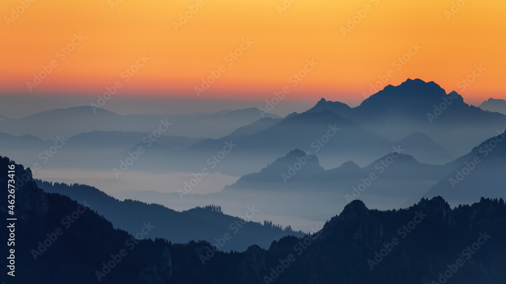 Pre sunrise at dawn in the Ammergau Alps near Füssen, Schwangau. Taken from top of Mountain Krähe / Hochplatte. Germany, Austria