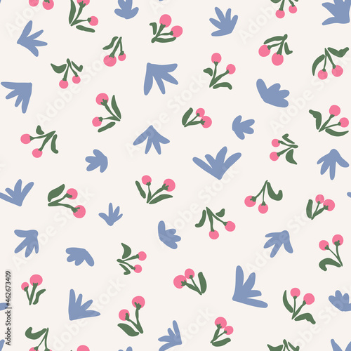 Cute berry and leaves seamless repeat pattern. Random placed, floral botany vector elements all over surface print on beige white background.
