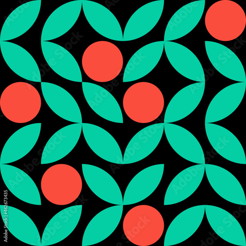 Christmas hollies geometric seamless bauhaus pattern, branches with berries, berry, cranberry, shapes, colorful, circle, triangle