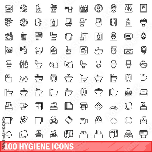 100 hygiene icons set. Outline illustration of 100 hygiene icons vector set isolated on white background