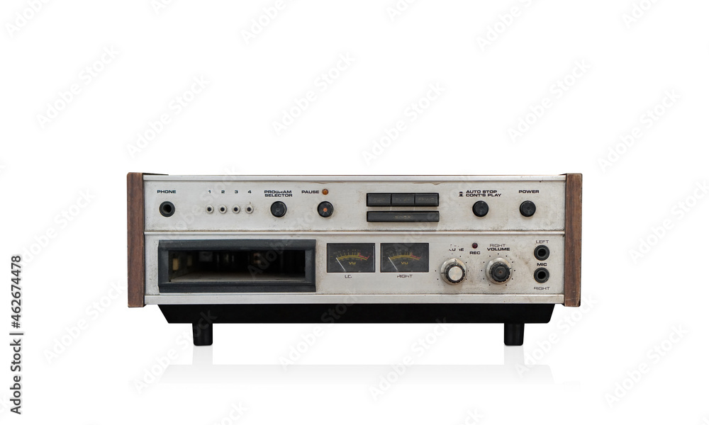 front view old wooden and silver stereo tuner on white background, object, fashion, technology, vintage, copy space front view old wooden and silver stereo tuner on white background, object, fashion, technology, vintage, copy space