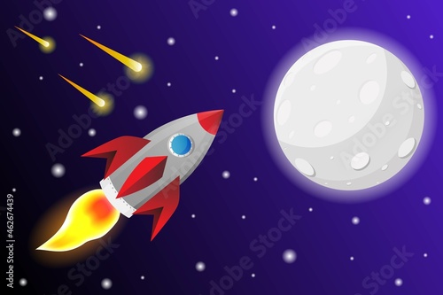 Rocket flight into space near moon. Vector illustration