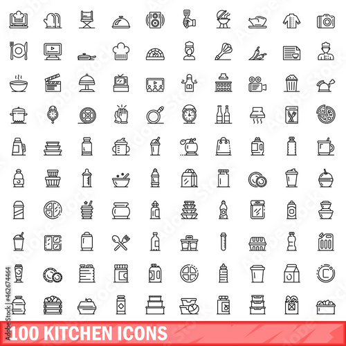 100 kitchen icons set. Outline illustration of 100 kitchen icons vector set isolated on white background