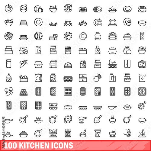 100 kitchen icons set. Outline illustration of 100 kitchen icons vector set isolated on white background