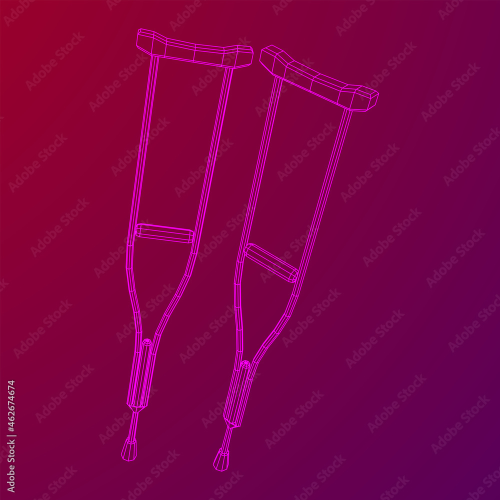 Crutches medical walking sticks for rehabilitation of broken leg. Treatment of people with leg injuries. Wireframe low poly mesh vector illustration. Crutches medical walking sticks for rehabilitation of broken leg. Treatment of people with leg injuries. Wireframe low poly mesh vector illustration.